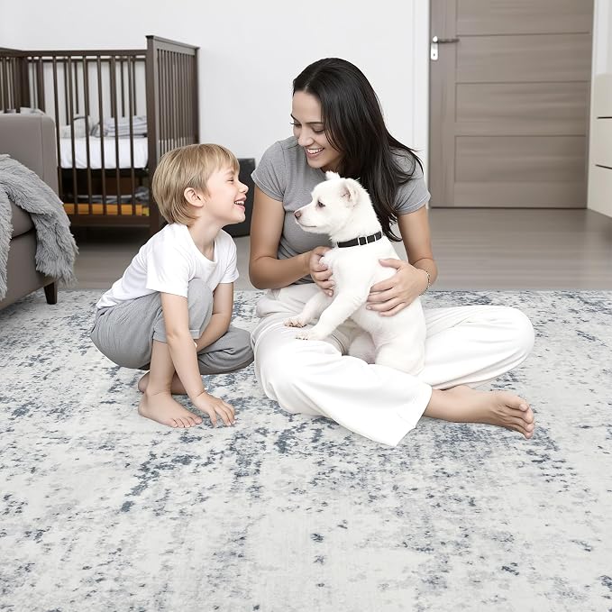 2x6 Washable Runner Rug：Modern Abstract Soft Carpet Blue Grey | - Image 2