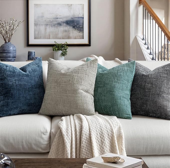 MIULEE Chenille Textured Throw Pillow Covers Teal 18x18 Set of 2 | Slubby - Image 4