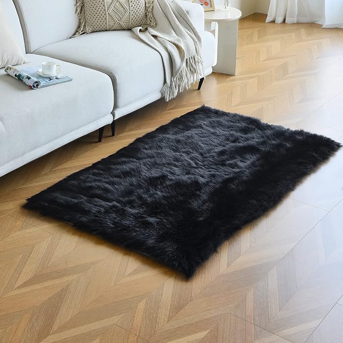 duduta Black Faux Sheepskin Fur Rug 3x5 ft, Fluffy Carpet Rug | Shag Fuzzy - Image 5