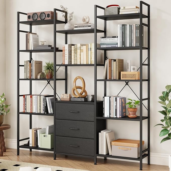 AFLUI Triple Bookshelf with 3 Fabric Drawers, 5-Tier Book Shelf and 10 Display by Unknown