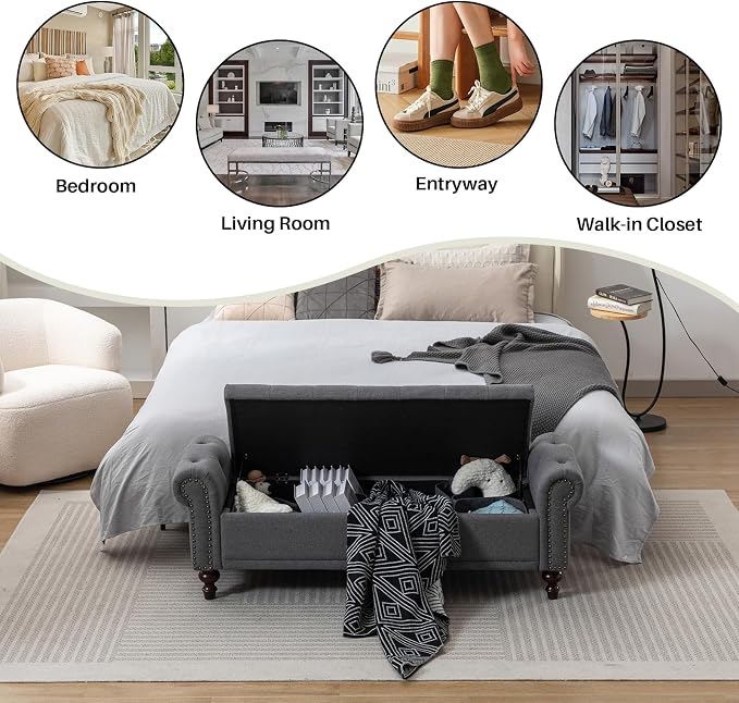 SOFTHION 58.1" Storage Bench Upholstered Linen End of Bedroom Bed Bench Ottoman - Image 7