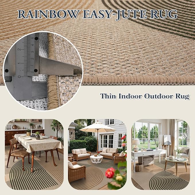 Lahome Modern Rainbow 8x10 Rug, Natural Brown Easy Jute Indoor Outdoor Rug | - Image 3