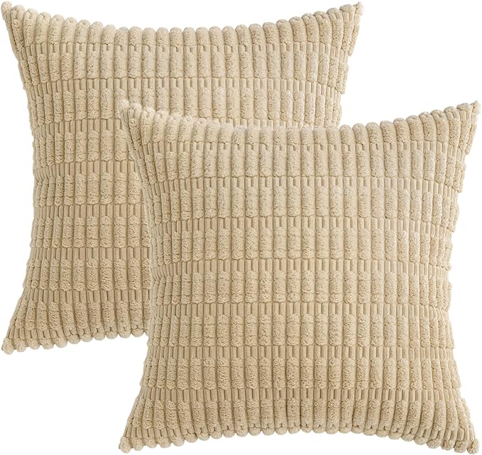 MIULEE Corduroy Decorative Throw Pillow Covers 12x12 Tan Pack of 2 | Soft - Image 6