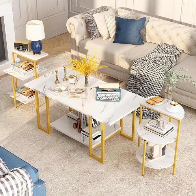 AWQM Faux Marble Table Set, Coffee Table & 2 Side Table, Faux Marble Tabletop - Image 5