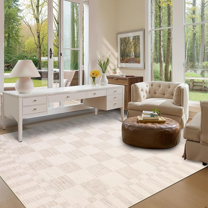 GarveeHome Beige Checkered Rug 6x9 Area Rugs Living Room Checkerboard Rug | - Image 2