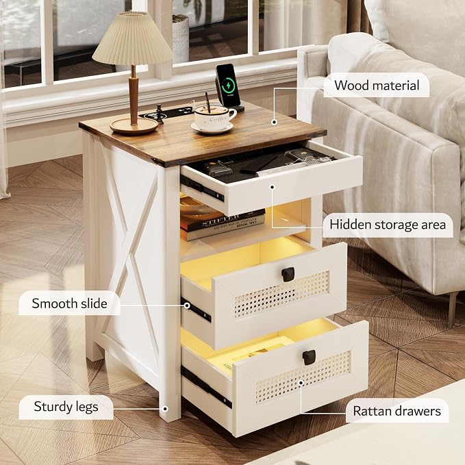 Nightstand with Gun Drawer, Rattan Bedside Table with Charging Station - Image 6