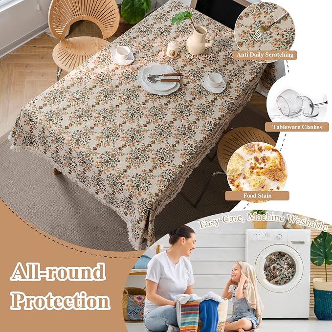 VClife Beige Floral Print Table Cloth, Linen Texture Tablecloth - Image 4