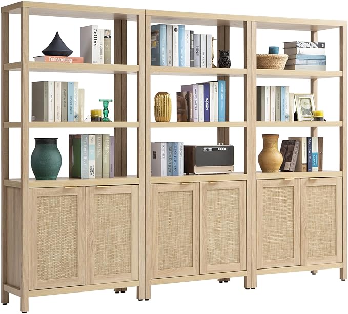 SICOTAS Bookshelf 5 Tier Book Shelf Rattan Boho 71" Tall Bookcase by SICOTAS