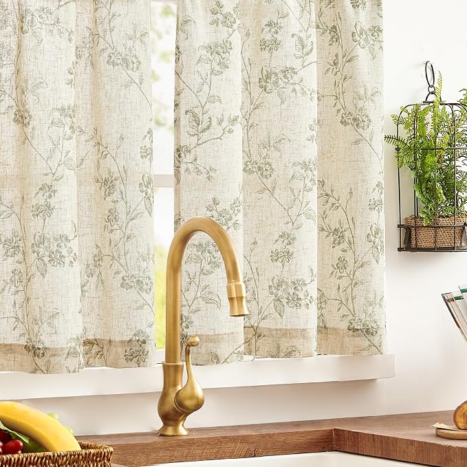 Green on Beige Linen Kitchen Curtains Rod Pocket 26W X 24L 2 Panels | Elisa - Image 7