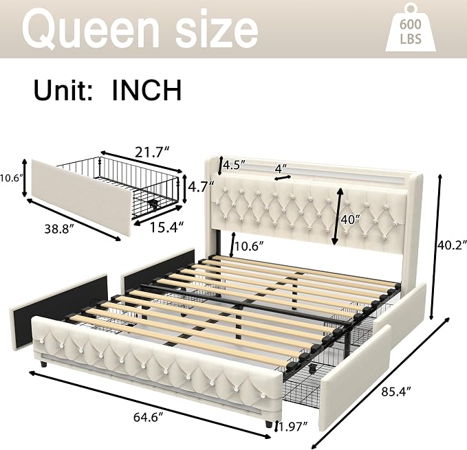 Music Player Bed with Bluetooth Speakers, Queen Size Smart Bed, USB&Type C - Image 2