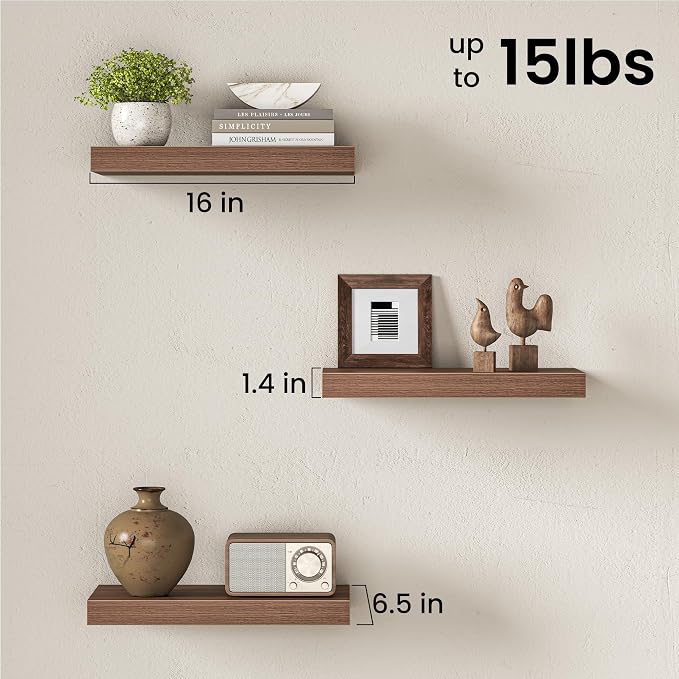 Fun Memories 16 Inch Floating Shelves Wall-Mounted, Engineered Wood Wall Shelves - Image 3