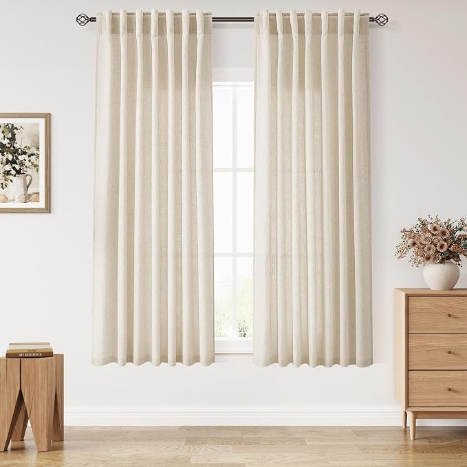 Living Room Curtains 63 Inch Length Linen Cream Beige Luxury Light Filtering by Nanspring