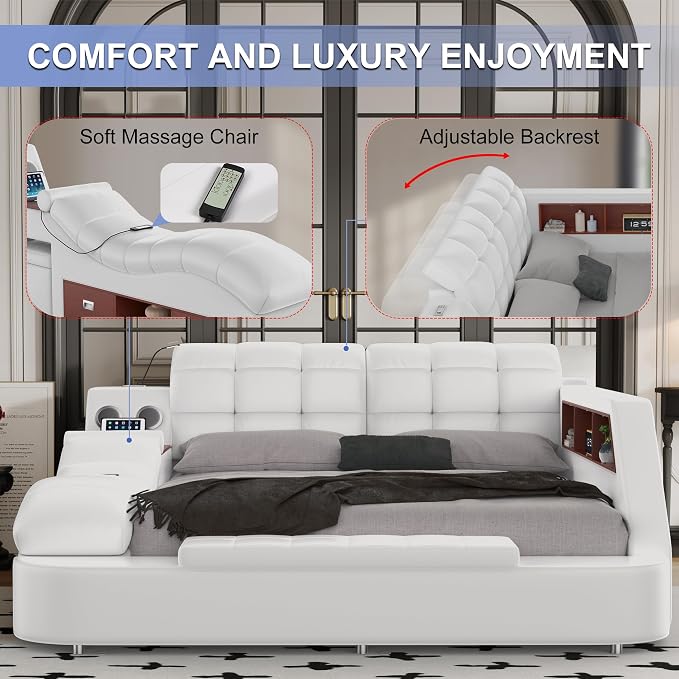Luxury Smart King Bed Frame, Leather Headboard/Strong Wooden Slats - Image 6