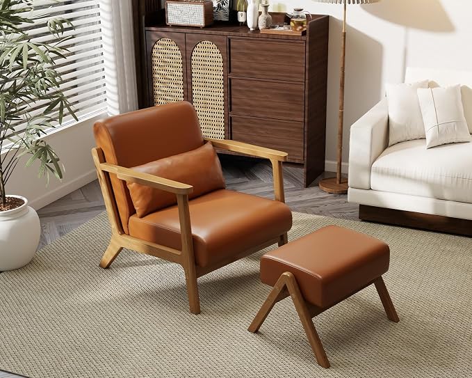 Accent Chair and Ottoman Set, Mid-Century Modern Faux Leather Armchair - Image 3