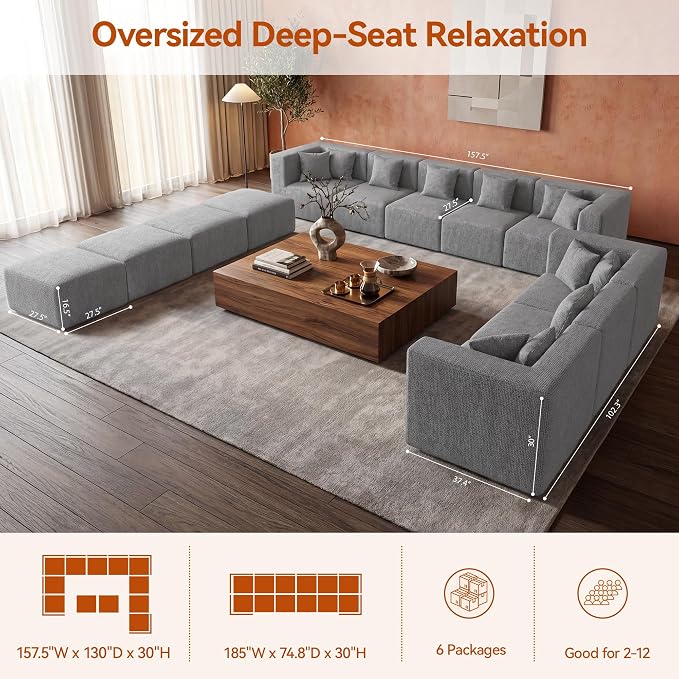 MONVANE Modular Sectional Sofa, Oversized 12 Seat Convertible U Shaped Couch - Image 3