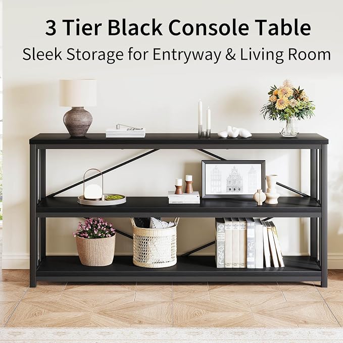 LVB Black Entryway Table, Modern Extra Long Sofa Console Table, Metal Wood - Image 8