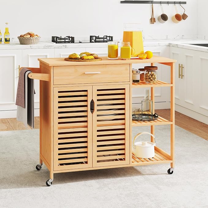 Giantex Bamboo Kitchen Island Cart, Mobile Serving Cart - Image 3