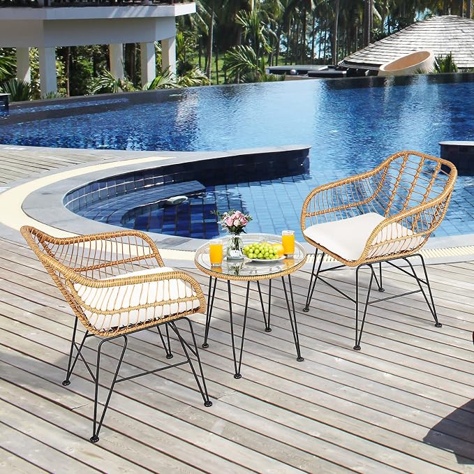 Tangkula 3 Pieces Patio Bistro Set, Rattan Conversation Set - Image 3