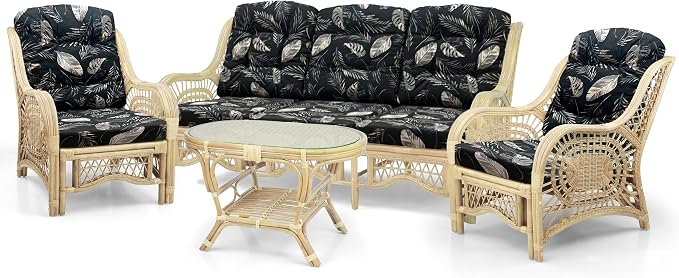 Malibu Lounge Set of 4: 2 Natural Rattan Wicker Chairs, Three-Seater Sofa and - Image 2