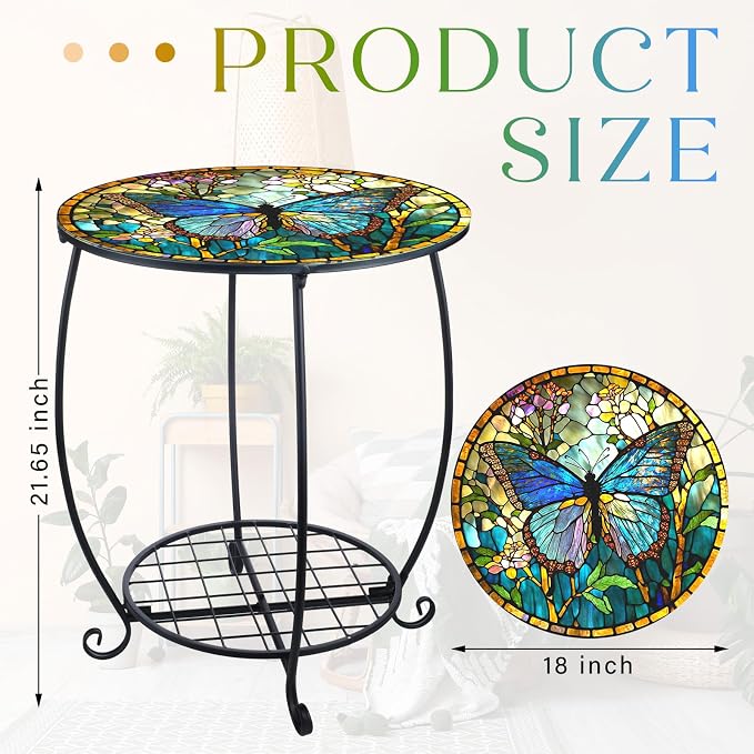 Cinnvoice Outdoor Side Table Round Small Mosaic Patio Accent Indoor End Plant - Image 3