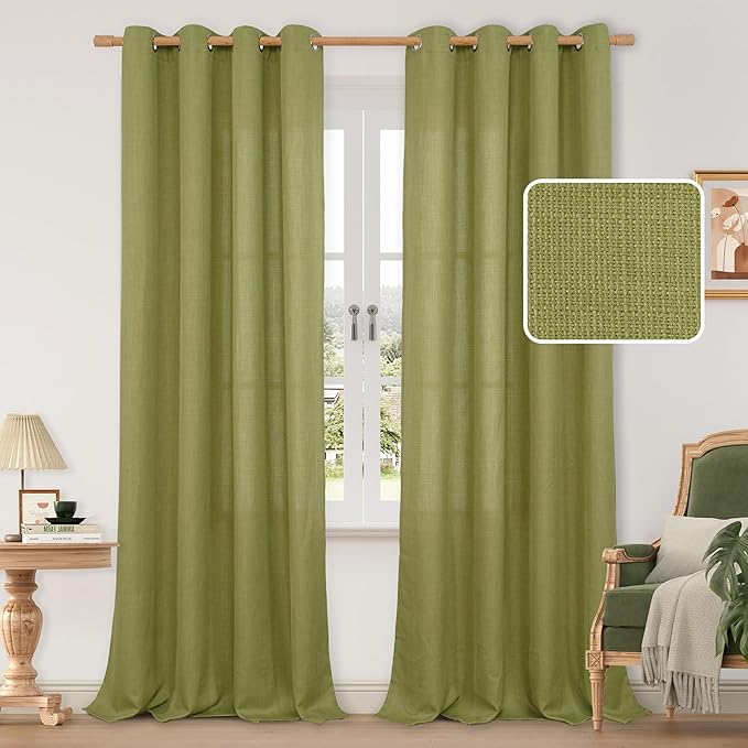 Moss Green Semi Sheer Linen Curtains by LAMIT