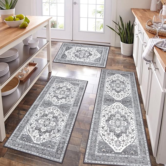 HEBE Boho Kitchen Rugs Set of 3, Non Slip Washable Kitchen Mats by HEBE