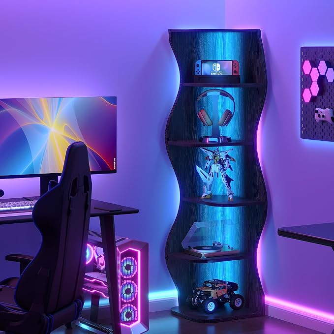 VECELO Wavy Corner Shelf with LED Light, Decorative 6-Tier Corner Display - Image 3
