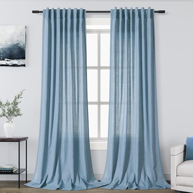 Linen Blue Curtains 108 inch Extra Long by Nanspring