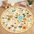 RELEANY Floral Washable Round 4ft Area Rug Ivory/Yellow | Flower Carpet Print by RELEANY