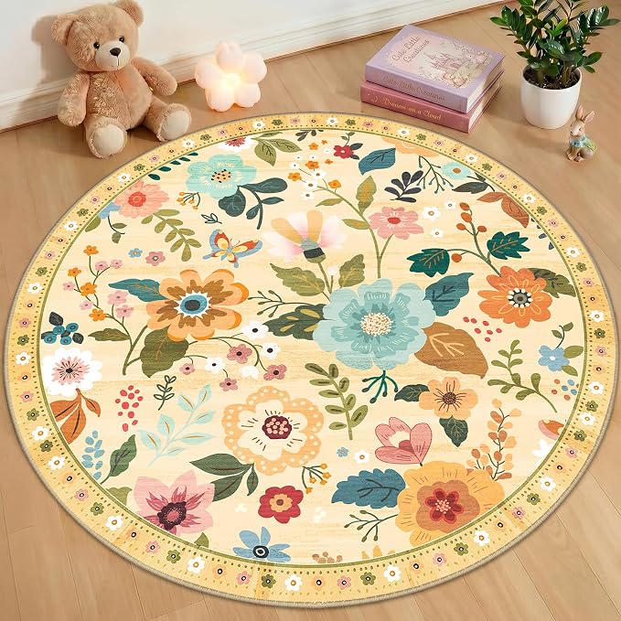 RELEANY Floral Washable Round 4ft Area Rug Ivory/Yellow | Flower Carpet Print by RELEANY