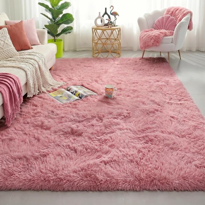 Amdrebio Blush Pink Shaggy Small Area Rug 3x5 by Amdrebio