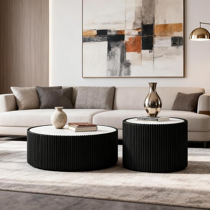 Round Marble Coffee Table Set of 2, 2 Piece White Coffee Table and End Table Set by Henf