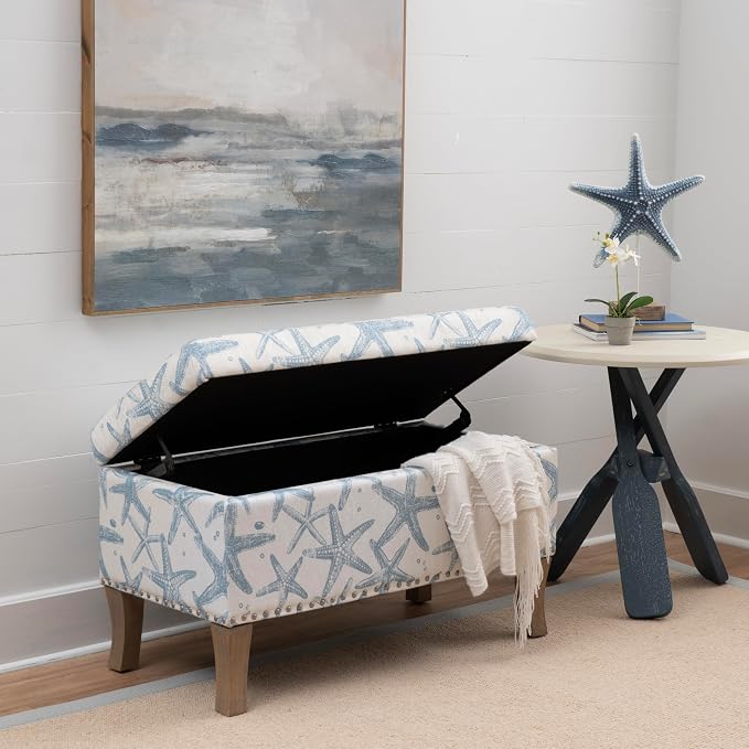 Linon Stephanie Cream and Light Blue Starfish Fully Upholstered Bench - Image 5