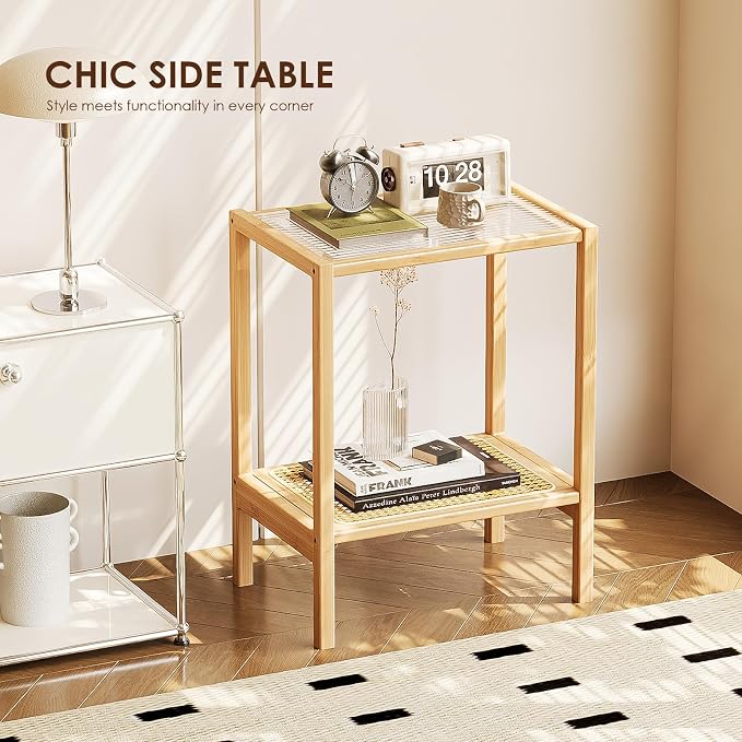 Bamworld Side Table Nature Rattan Night Stand Glass End Table 2-Tier - Image 5