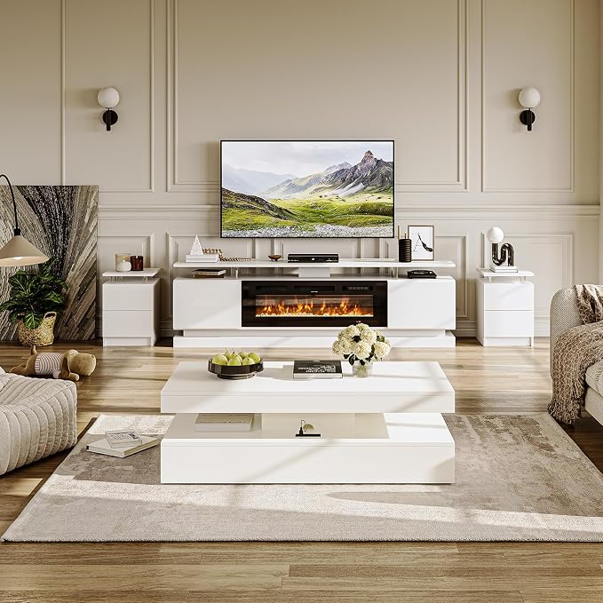 4-Piece Modern Living Room Table Set, Includes High Gloss 70" Fireplace TV Stand - Image 2