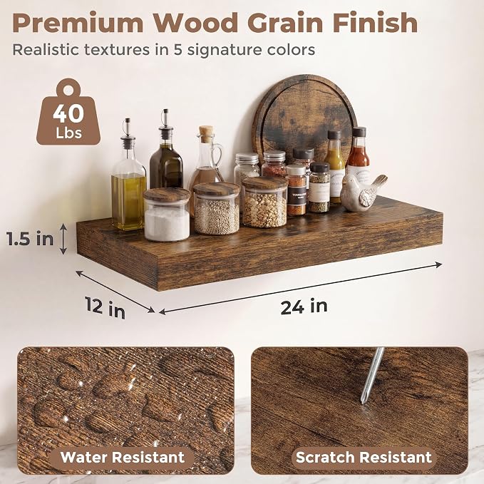 12 inch Deep Floating Shelves for Wall, 24 inch Wide Engineered Wood Wall - Image 2