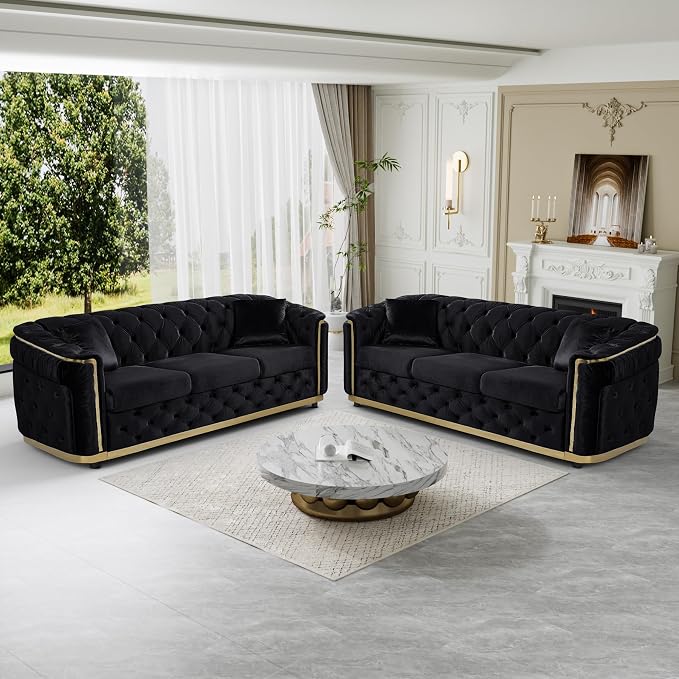 DAMAIFROM Luxury Velvet Couch Set Black and Gold Sofa, Mid Century Modern by DAMAIFROMFURNITURE