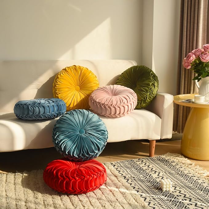 HIG Set of 2 Pink Velvet Decorative Round Pleated Throw Pillows | Vintage Floor - Image 3