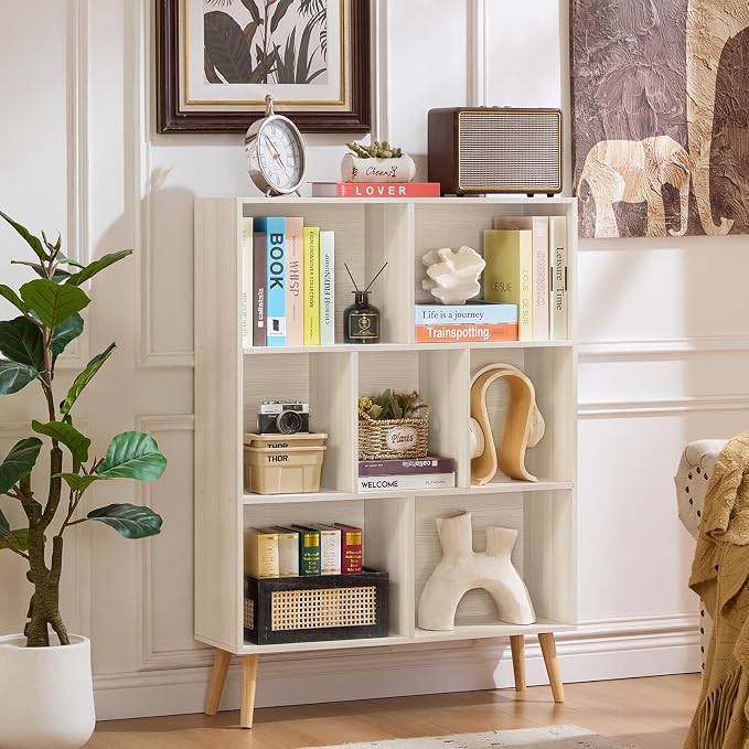 LEYAOYAO Cube Bookshelf 3 Tier Mid-Century Light Grey White Modern Bookcase - Image 7