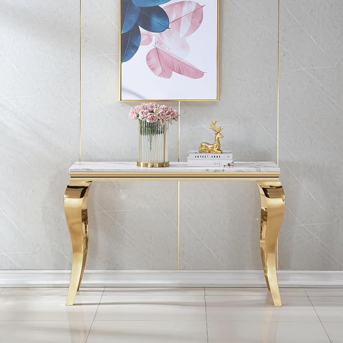 Henf 47" Marble Console Table Entryway Table Modern White Faux Marble Accent - Image 3