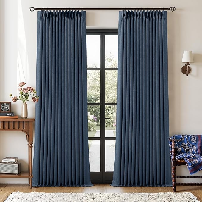 Navy Blue Pinch Pleated Linen Blend Full Blackout Curtains 86 Inch Length | by Twodrapes