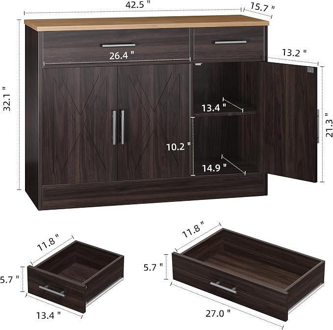 Shintenchi Modern Farmhouse Sideboard Buffet Cabinet, Barn Doors Buffet Cabinet - Image 3