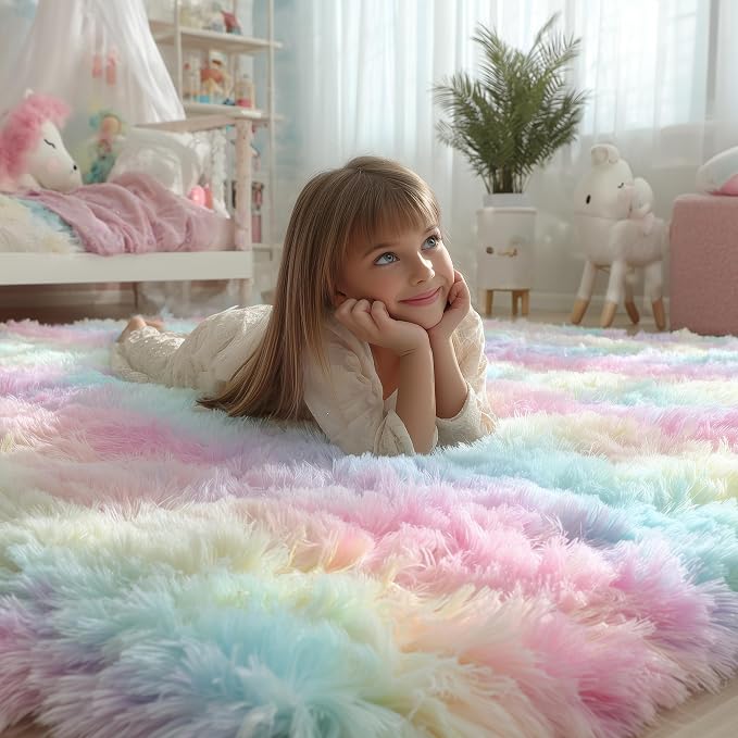 Rainbow Runner Rugs for Girls Bedroom Plush Fluffy Hallway Rug 2x6 Ft | Kawaii - Image 3