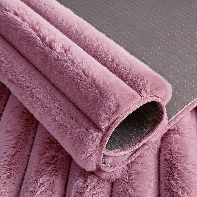 Dusty Rose Rabbit Striped Plush Rug 8'x10', Fluffy Shaggy Area Rug - Image 6