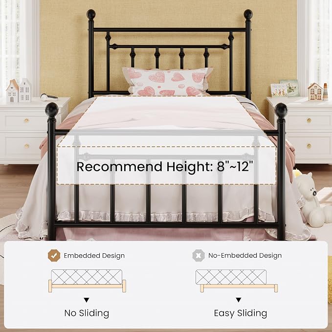 SHA CERLIN 14" Twin Size Metal Platform Bed Frame/Victorian Headboard and - Image 7