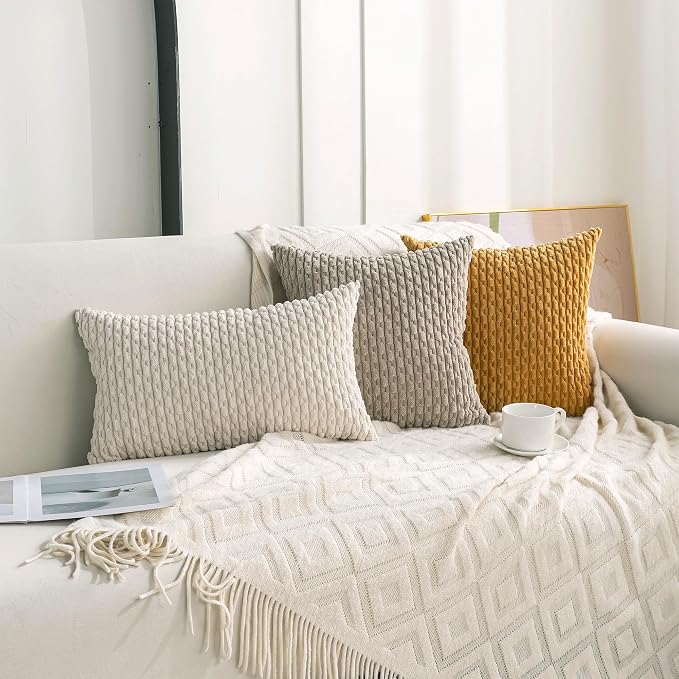 Set of 4 Yellow Olive Aqua Decorative Throw Pillow Covers 20x20 Inch Corduroy - Image 3