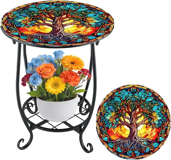 Cinnvoice Outdoor Side Table Round Small Mosaic Patio Accent Indoor End Plant by Cinnvoice