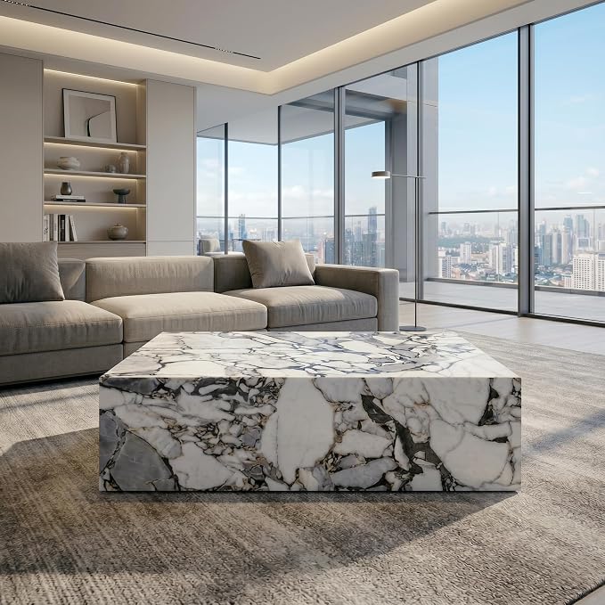 Faux Marble White Coffee Table, Rectangle MDF Living Room Table, Center Table - Image 4