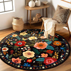 RELEANY Floral Washable Round 4ft Area Rug Black | Flower Carpet Print Boho - Image 2