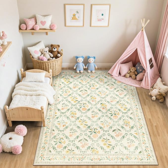 PLHXFR Area Rug Living Room: 5x7 Floral Washable Boho Carpet Beige Multi | - Image 5